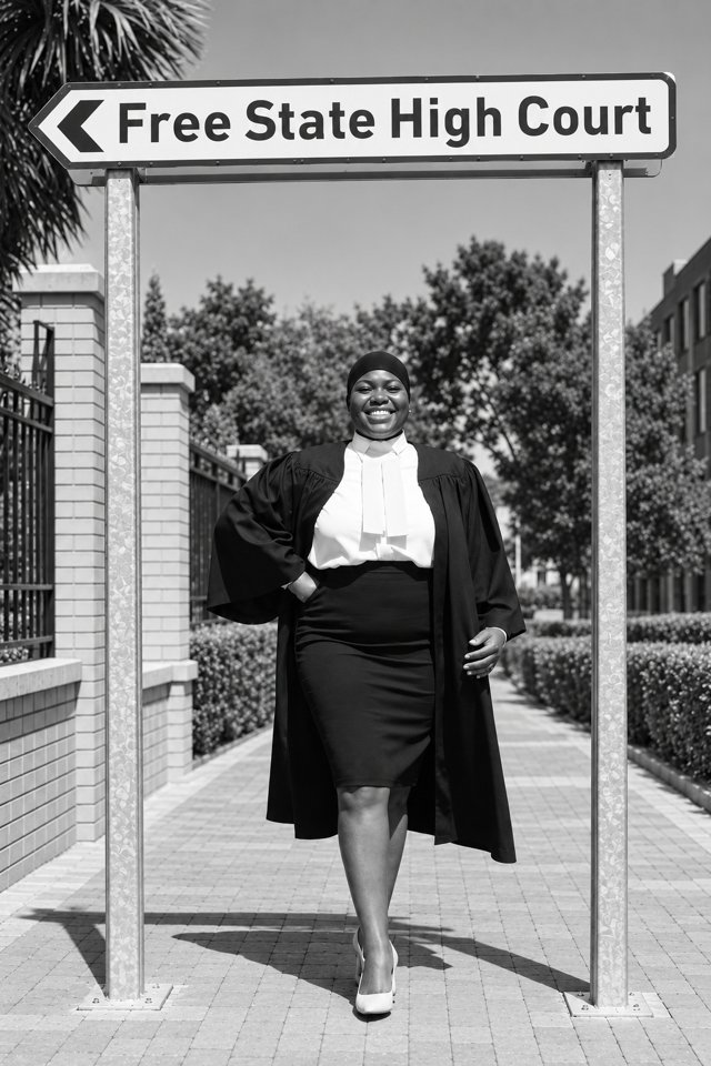Rohula Bilankulu outside the Free State High Court, wearing her robes